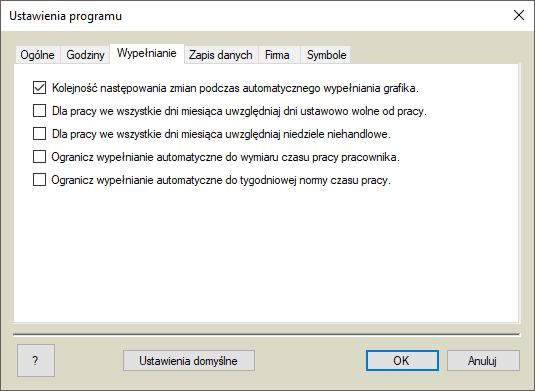 Opcje programu - wypełnianie Opcje programu - wypełnianie