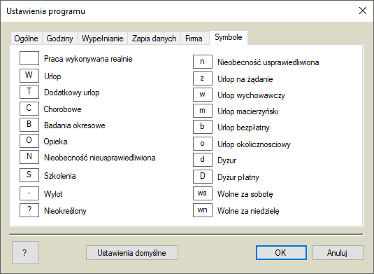 Opcje programu - symbole pracy Opcje programu - symbole pracy