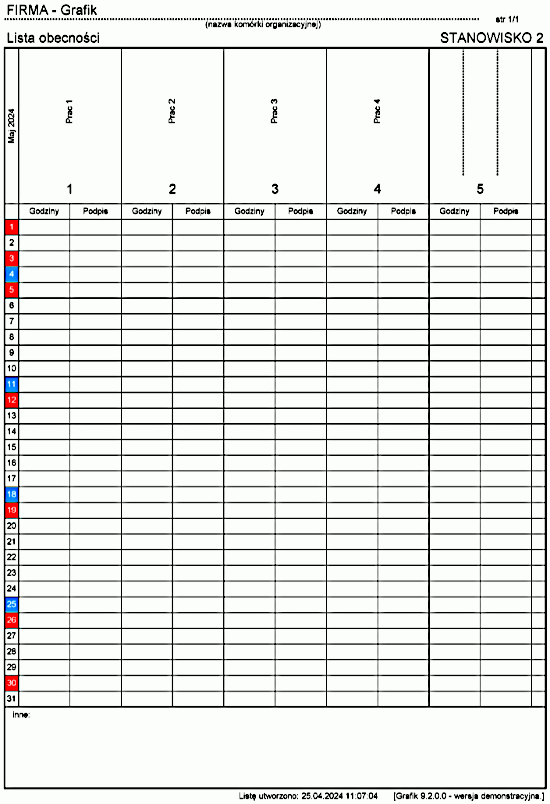 Podgląd wydruku listy obecności z godzinami pracy Podgląd wydruku listy obecności z godzinami pracy