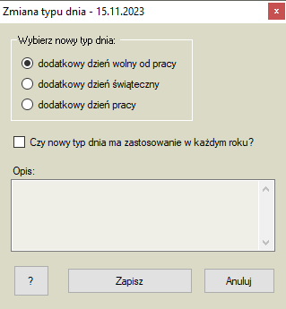 Okno zmiany typu dnia Okno zmiany typu dnia